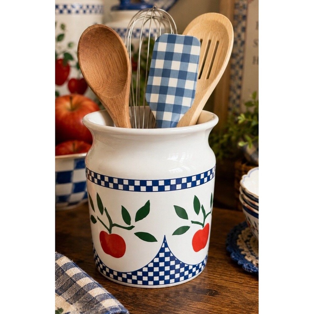 Rosenthal Netter Apple Crock Utensil Holder Portugal 1987 Blue Check Cottage Jar
